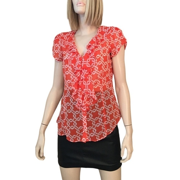 Banana Republic Blouse Top Lightweight Ruffles Flowy Flutter Sleeves Warm Print - Picture 14 of 16